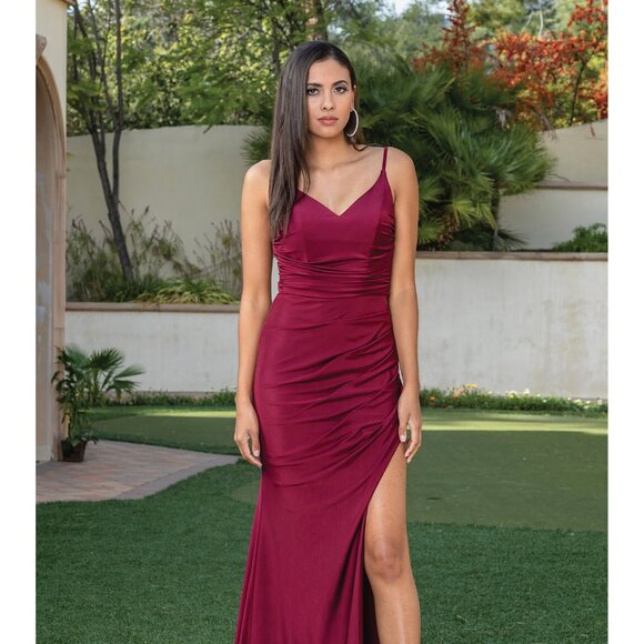 New Long Sheath Sleeveless Ruched Ceremonial Dress w/ Leg Slit & V-Neck DQ 4288 - Picture 1 of 9
